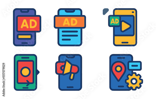 Flat vector icons of mobile advertising: in-app ad icon, mobile banner, rewarded video ad, interstitial screen, swipeable story ad, push notification promo, location-based ad icon, mobile ad settings