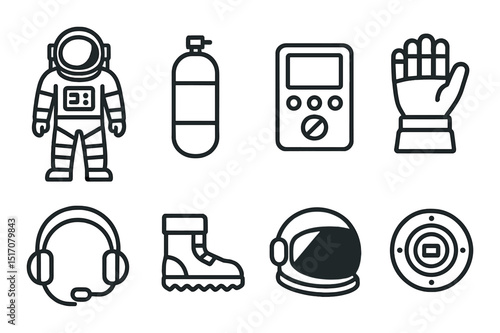 Space exploration icon set in linear style. astronaut and cosmic adventure symbols