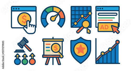 Flat vector icons of PPC (pay-per-click) advertising: PPC bid icon, cost-per-click meter, keyword strategy chart, paid search result icon, bidding strategy flow, ad auction icon, quality score badge,