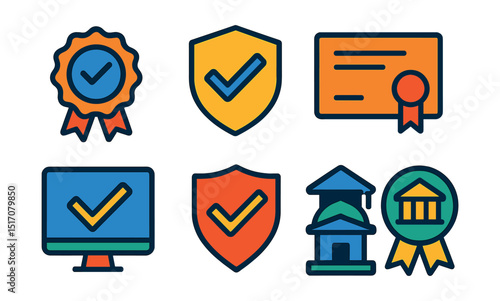 Flat vector icons of certification and accreditation: accreditation seal icon, official recognition badge, authorized certificate, institutional stamp, verified course icon, endorsed program icon,