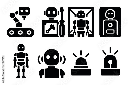 Robot and ai silhouette icon set. automation and technology symbols for development