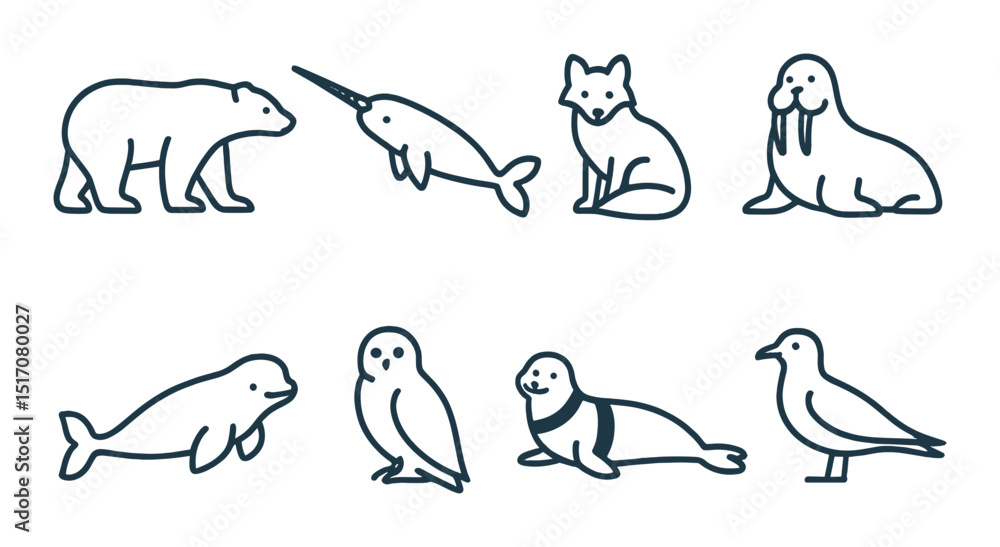 Arctic animals linear icon set. wildlife and nature symbols Arctic animals linear icon set. wildlife and nature symbols