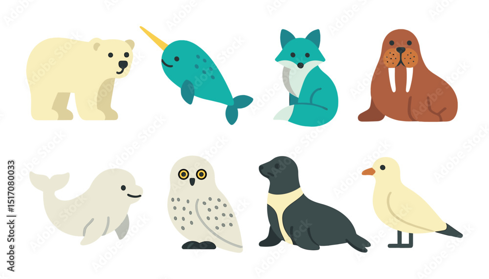 Arctic animals flat icon set. wildlife and nature symbols for digital design