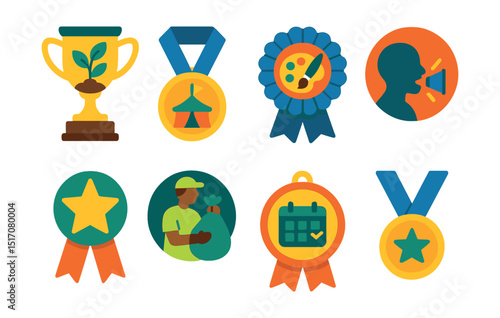 Flat vector icons of local community competitions: neighborhood gardening contest trophy, community festival best booth medal, local art competition ribbon, public speaking contest badge, volunteer