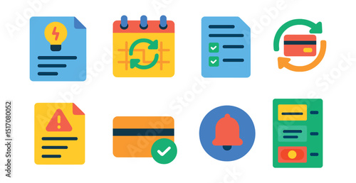 Flat vector icons of payments and bills: utility bill icon, recurring bill calendar, payment history, autopay symbol, overdue alert, one-time payment icon, bill reminder badge, payment method list.