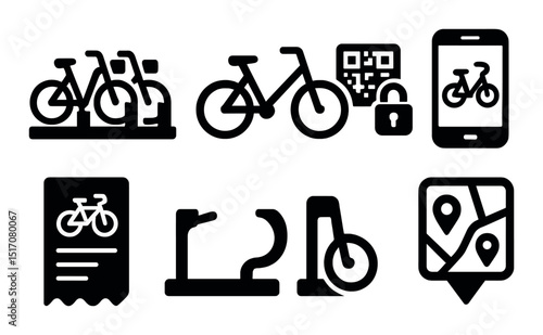 Bicycle and transportation silhouette icon set. cycling and mobility symbols