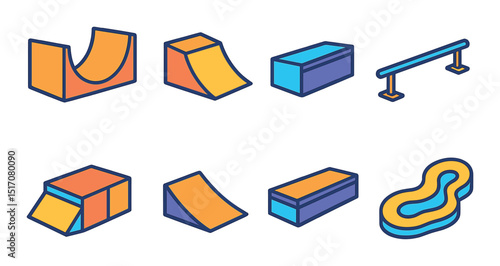 Skateboard park flat icon set. urban sports and outdoor activity symbols