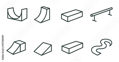 Skateboarding and ramps silhouette icon set. park features and equipment symbols
