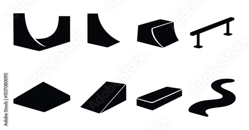 Skatepark silhouette icon set. ramp and rails symbols for extreme sports