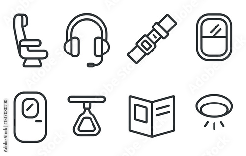 Airplane travel flat icon set. aviation and flight essentials symbols