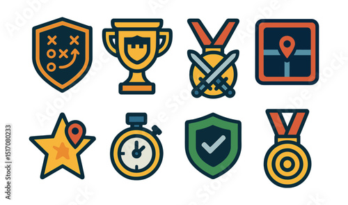 Flat vector icons of battle strategies in esports: offense strategy planning badge, defense setup strategy trophy, ambush maneuver medal, zone control badge, map navigation strategy star, power-up