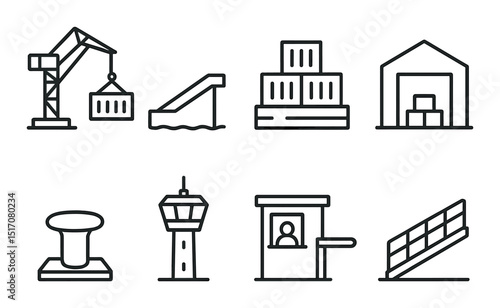 Logistics and shipping linear icon set. freight, warehouse, and transportation signs
