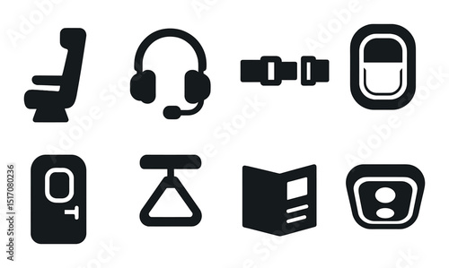 Airline and aviation silhouette icon set. flight and travel essential symbols
