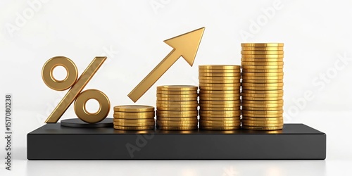 3D Financial Icon with Gold Coins, Percentage Sign, and Upward Arrow on White Background