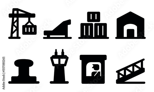 Construction and logistics icon set in silhouette style. infrastructure and transport