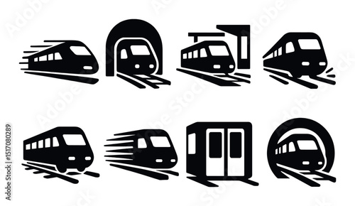 Transportation silhouette icon set. train, railway, transit symbols for easy navigation