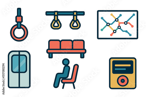 Public transport flat icon set: city transit, commute, metro symbols collection