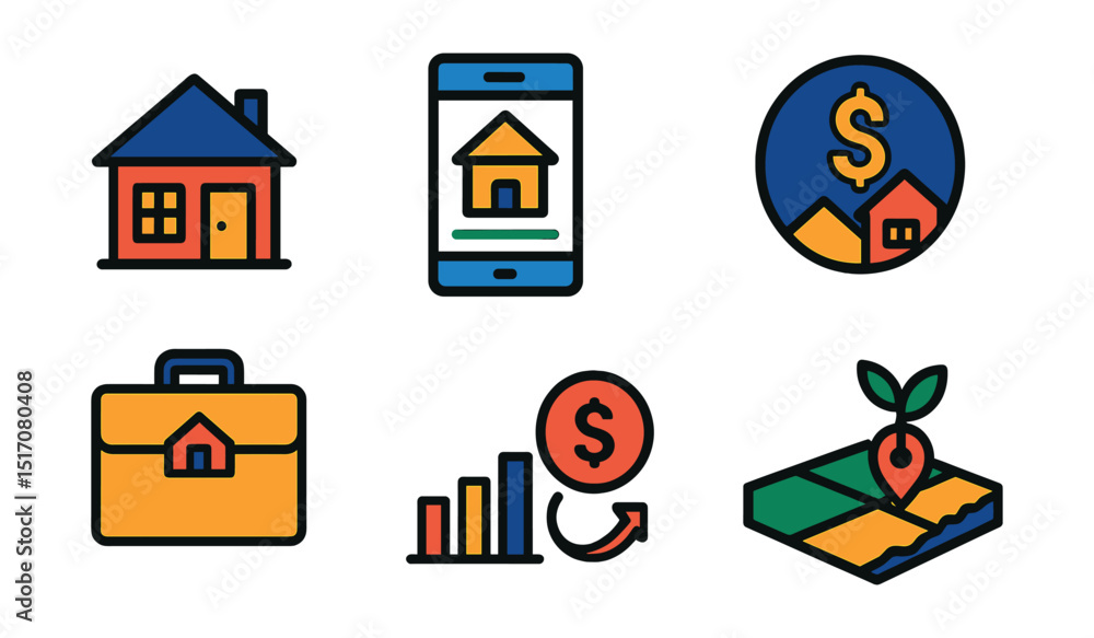 Flat vector icons of real estate and property investing: residential house icon, commercial building, property listing app, rental income badge, real estate portfolio, mortgage payment chart, Flat vector icons of real estate and property investing: residential house icon, commercial building, property listing app, rental income badge, real estate portfolio, mortgage payment chart,