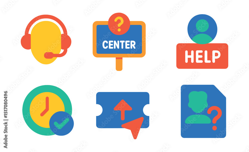 Flat vector icons of support and help services: support headset icon, help center sign, question mark circle, help desk badge, service availability icon, ticket submission icon, support form screen, Flat vector icons of support and help services: support headset icon, help center sign, question mark circle, help desk badge, service availability icon, ticket submission icon, support form screen,