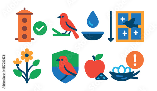 Flat vector icons of bird health and habitat: clean feeder checklist, fresh water refill, safe perch height, window strike prevention, bird-friendly plants, habitat restoration badge, food supply