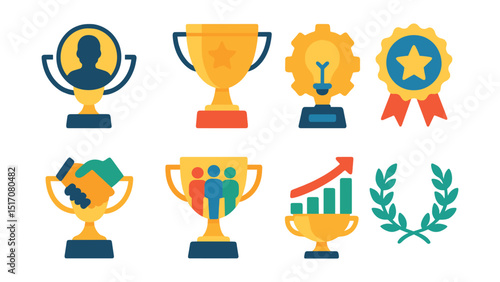 Flat vector icons of professional achievement trophies: employee of the year trophy, top sales award cup, best innovation project cup, leadership excellence badge, outstanding mentorship trophy, best