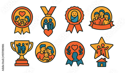 Flat vector icons of relationship and family achievements: celebrating first anniversary badge, planning dream wedding medal, welcoming new family member ribbon, hosting family reunion badge,