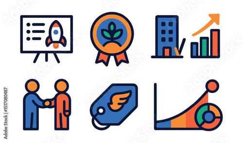 Flat vector icons of startup and venture capital investing: startup pitch deck, seed funding badge, venture capital firm icon, equity chart, founder-investor handshake, angel investor tag, startup