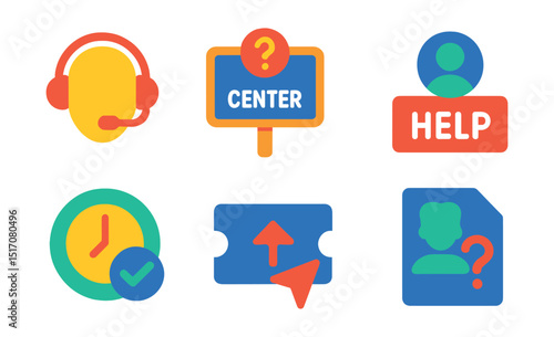 Flat vector icons of support and help services: support headset icon, help center sign, question mark circle, help desk badge, service availability icon, ticket submission icon, support form screen,
