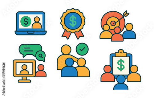 Flat vector icons of financial education and community: online finance course icon, money literacy badge, financial community forum, shared goal group, financial webinar symbol, peer support icon,