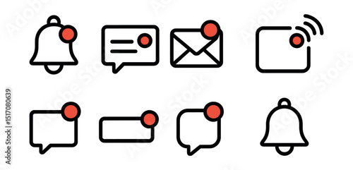 Outline with Fill icon set for notification systems: bell icon, alert dot, pop-up card, mail badge, app signal, unread message, reminder bar, bubble alert.