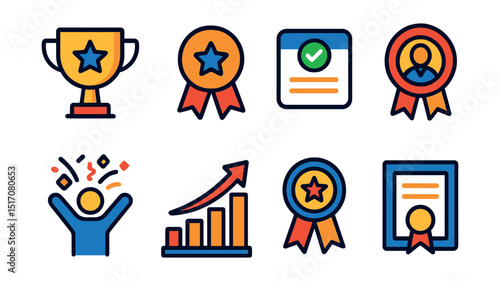 Flat vector icons of success and achievement: trophy with star, achievement ribbon, completed task icon, employee of the month badge, milestone celebration, success chart, reward badge, recognition