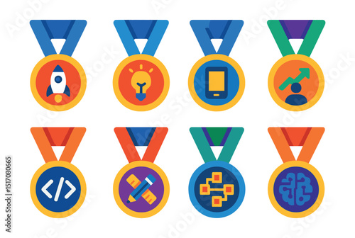 Flat vector icons of innovation and startup medals: best startup launch medal, tech innovation hackathon medal, best new app award medal, entrepreneurship accelerator medal, coding sprint finisher