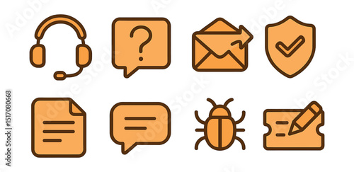 Outline with Fill style icons of freelance support tools: chat headset, help icon, email thread, support badge, FAQ page, message bubble, bug report, request ticket.