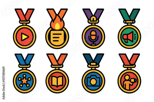 Flat vector icons of content creation medals: YouTube subscriber milestone medal, blog publishing streak badge, podcast episode achievement medal, successful content campaign award, viral content
