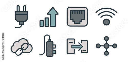 Outline with Fill vector icons of digital connectivity: cable plug, signal arrow, network port, wireless icon, cloud link, USB hub, data transfer, satellite node.
