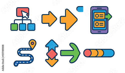 Flat vector icons of user flow and interaction: click flow map, user path arrow, step-by-step interface, onboarding flow, navigation journey, decision point icon, redirect arrow, progress tracker.