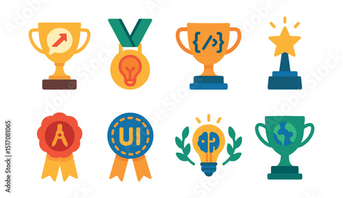 Flat vector icons of startup and innovation competitions: best startup pitch award, tech innovation contest medal, hackathon coding sprint trophy, entrepreneurship challenge star, product design