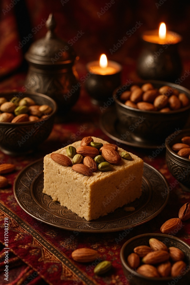 Fototapeta premium Traditional Indian sweet barfi garnished with almonds and pistachios, served on ornate metal plate with festive decor, perfect for Diwali and cultural celebration themes