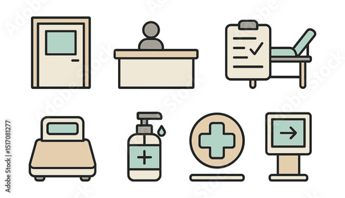 Outline with Fill style icons of clinic visuals: clinic door, reception desk, appointment sheet, exam room, scale, hand sanitizer, clinic logo, check-in device.