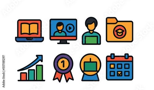 Flat vector icons of online courses and lectures: online course icon, video lecture screen, course syllabus page, class module folder, subject overview icon, chapter progression, course level badge,