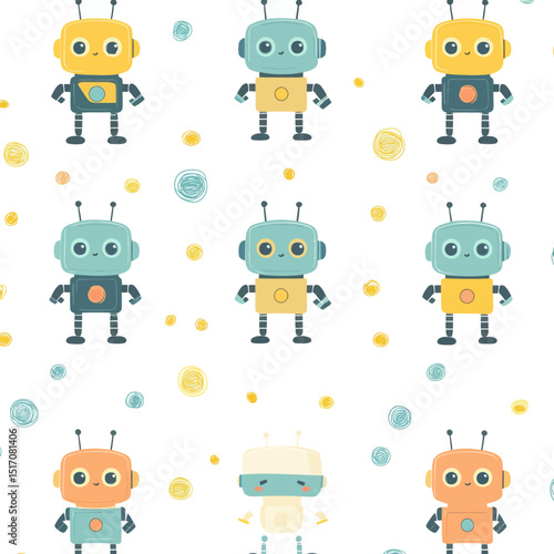 Robots that are cheerful dance to a happy techno tune that is blue and yellow and delightful