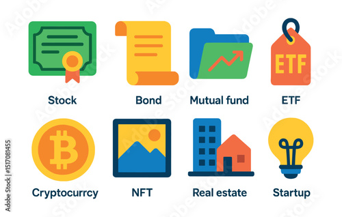 Flat vector icons of investment types and assets: stock certificate icon, bond paper scroll, mutual fund folder, ETF tag, cryptocurrency coin, NFT artwork icon, real estate building, startup