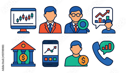 Flat vector icons of brokers and advisors: online broker screen, financial advisor avatar, stock analyst icon, consultation chart, investment firm building, trading platform interface, investor