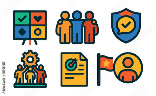Flat vector icons of team culture and values: shared values board, inclusive team icon, communication ethics badge, diverse group symbol, team-building icon, team mission document, core principle