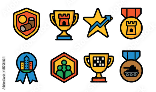 Flat vector icons of strategy and tactics games: resource management badge, base building trophy, tactical maneuver star, defense tower medal, city management simulation ribbon, unit formation badge,
