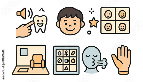 Outline with Fill style icons of pediatric behavior management: tell-show-do icon, child smile icon, praise star, visual chart, calm corner, communication board, breathing prompt, gentle glove.