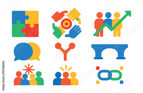 Flat vector icons of symbolic collaboration visuals: puzzle pieces fitting together, hands around a goal, overlapping speech bubbles, growth arrow through team, shared path icon, bridge icon, unity