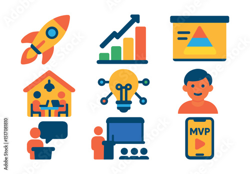 Flat vector icons of startup innovation ecosystem: accelerator icon, venture capital chart, pitch deck slide, co-working hub, innovation hub symbol, founder avatar, startup pitch stage, MVP showcase.