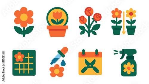Flat vector icons of flower gardening: blooming flower icon, flower pot badge, rose bush symbol, annual vs perennial chart, floral spacing grid, petal care dropper, pruning calendar, floral scent