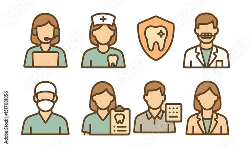 Outline with Fill style icons of staff roles in dental clinic: receptionist icon, dental nurse, hygienist badge, orthodontist, oral surgeon, assistant chart, sterilization tech, clinic manager.